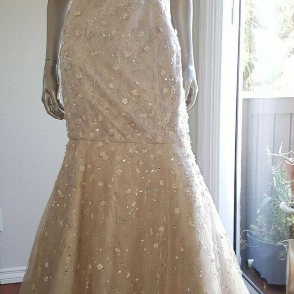 #◇$9,000 NEW CAROLINA HERRERA PRETTY GOLD BLUSH SILVER EMBR CRYSTAL GOWN 10 L - Picture 3 of 12